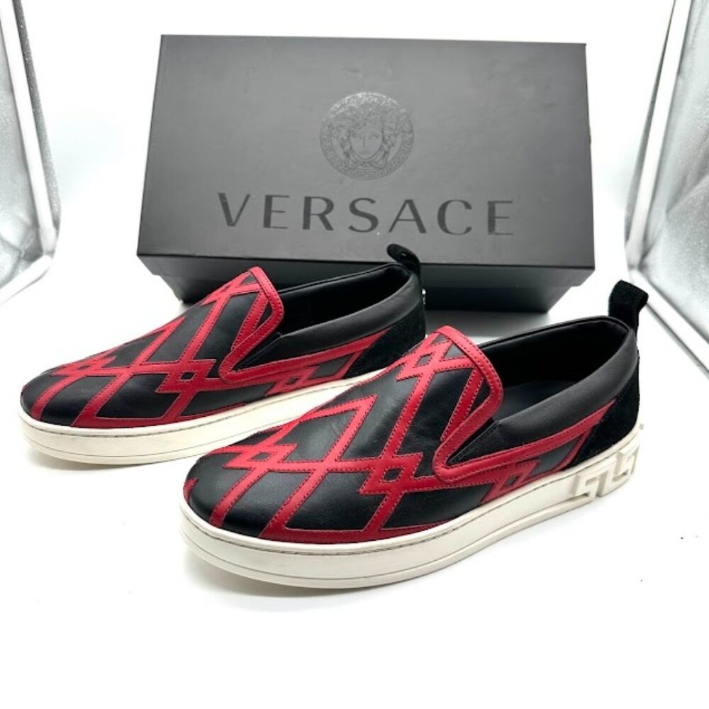 Versace Mens Greca Red Geometric‎ Black Leather Slip On Sneakers Medusa Size 40